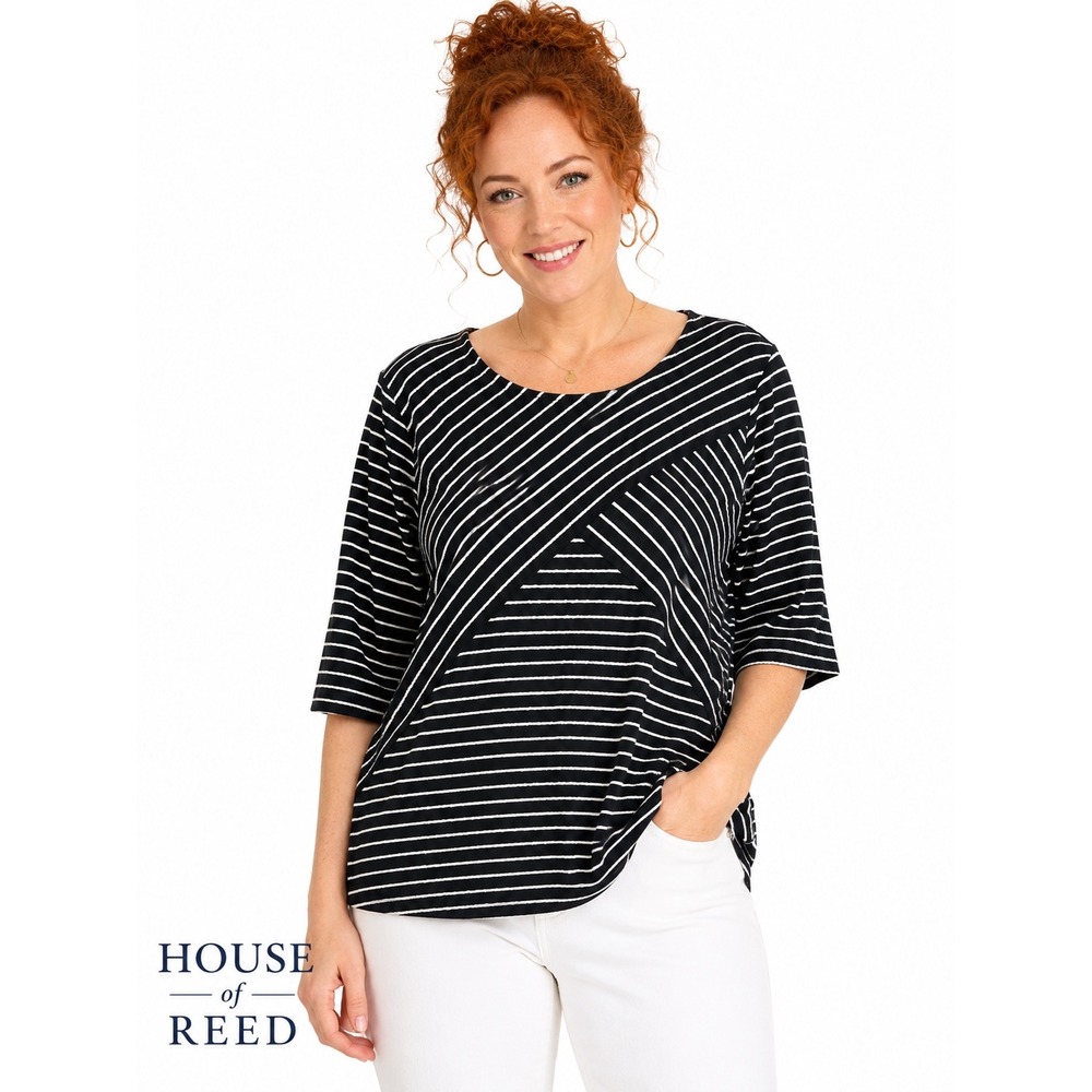 Kim Rogers Woman Black White Striped 100% Cotton 3/4 Sleeve Top 2X RN31104